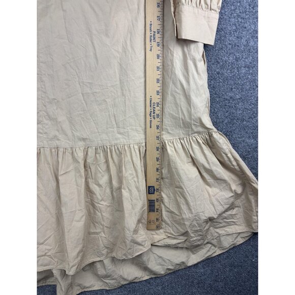 ZARA Dress Womens XS Beige Ruffle Hem Long Sleeve High Neck Cotton Pockets Midi - Picture 5 of 8